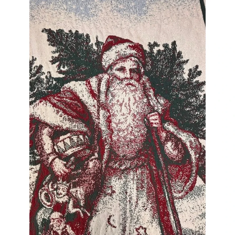 Vintage Style Old World Santa Claus Woven Tapestry Throw Blanket Holly Fringe